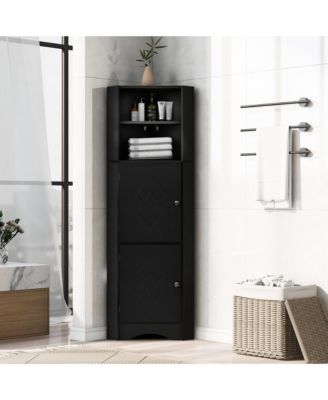 Tall Bathroom Corner Cabinet, Freestanding Storage Cabinet with Doors and Adjustable Shelves, MDF Board, Black