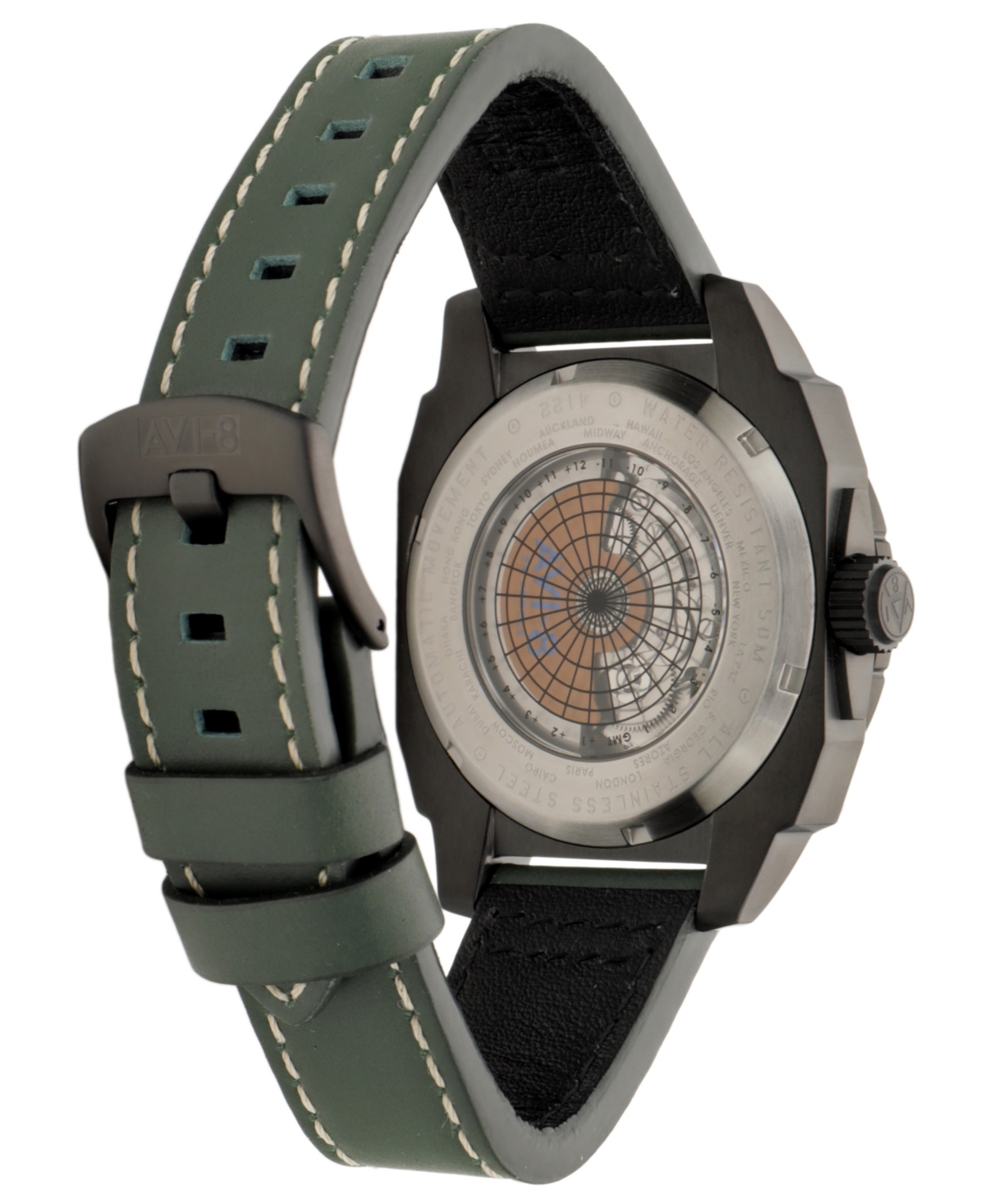 Avi-8 Men's Hawker Hunter Atlas Gmt Automatic Green Leather Strap Watch, 44mm In Green