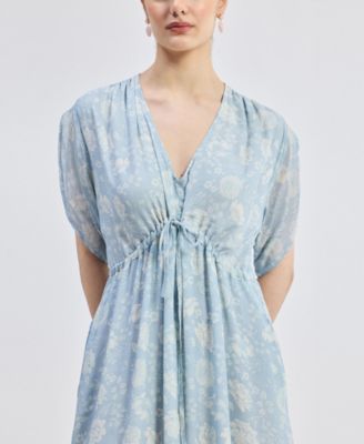 Women's Maxi Gathered Dress in Blue Florals