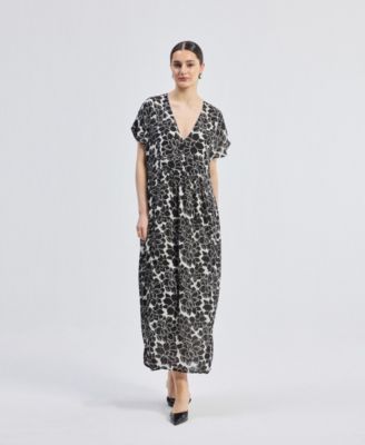 Women's Deep V-neck Maxi Dress with Front Gathers in Black Florals