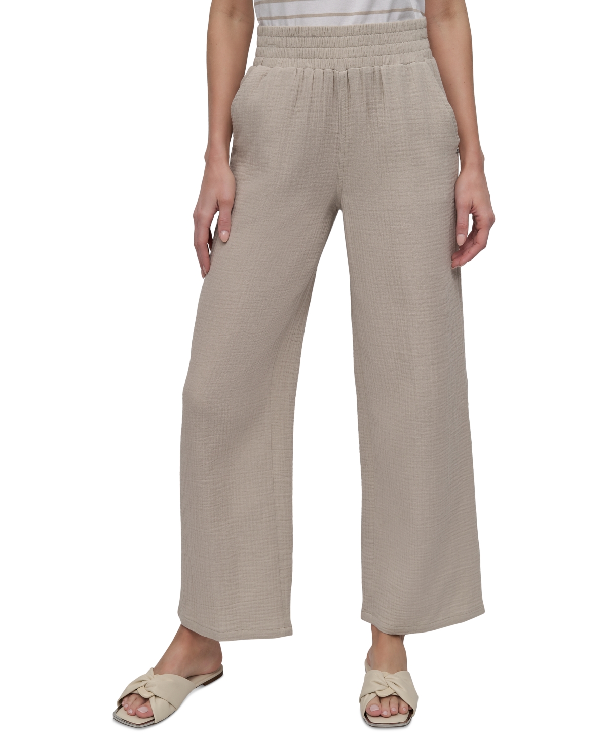 Shop Dkny Jeans Petite Cotton High-rise Smocked-waist Pants In Pebble