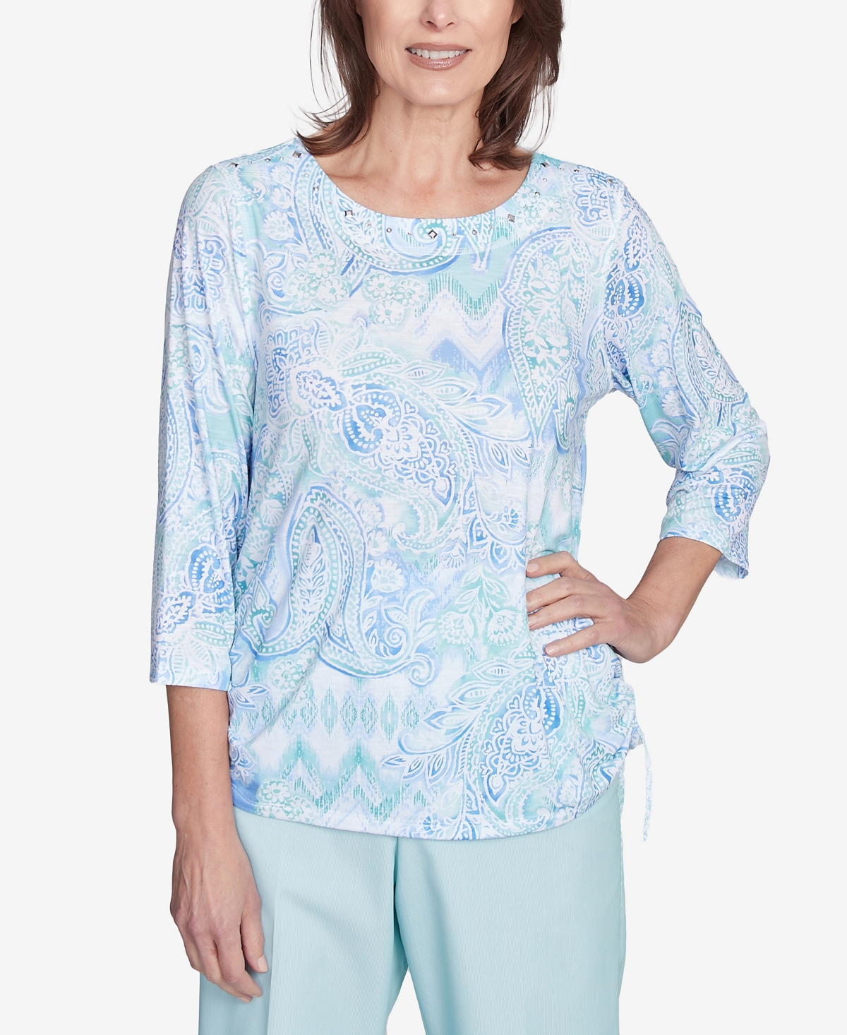 Petite St. Thomas Island Mint Paisley Ruched Side Top - Mint Multi