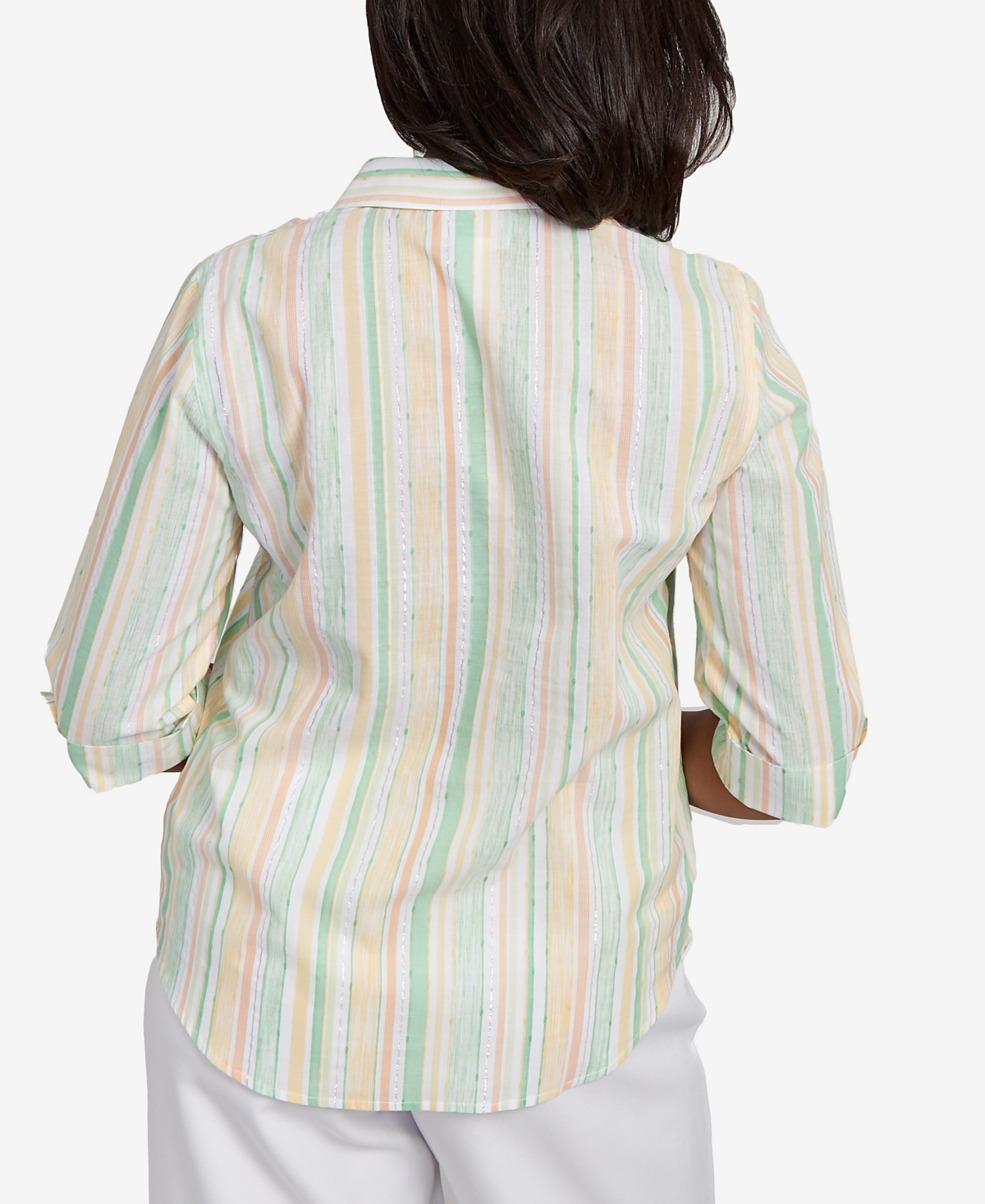 Alfred Dunner Petite Rise Shine Sunny Stripes Button Down Top In Lime Multi