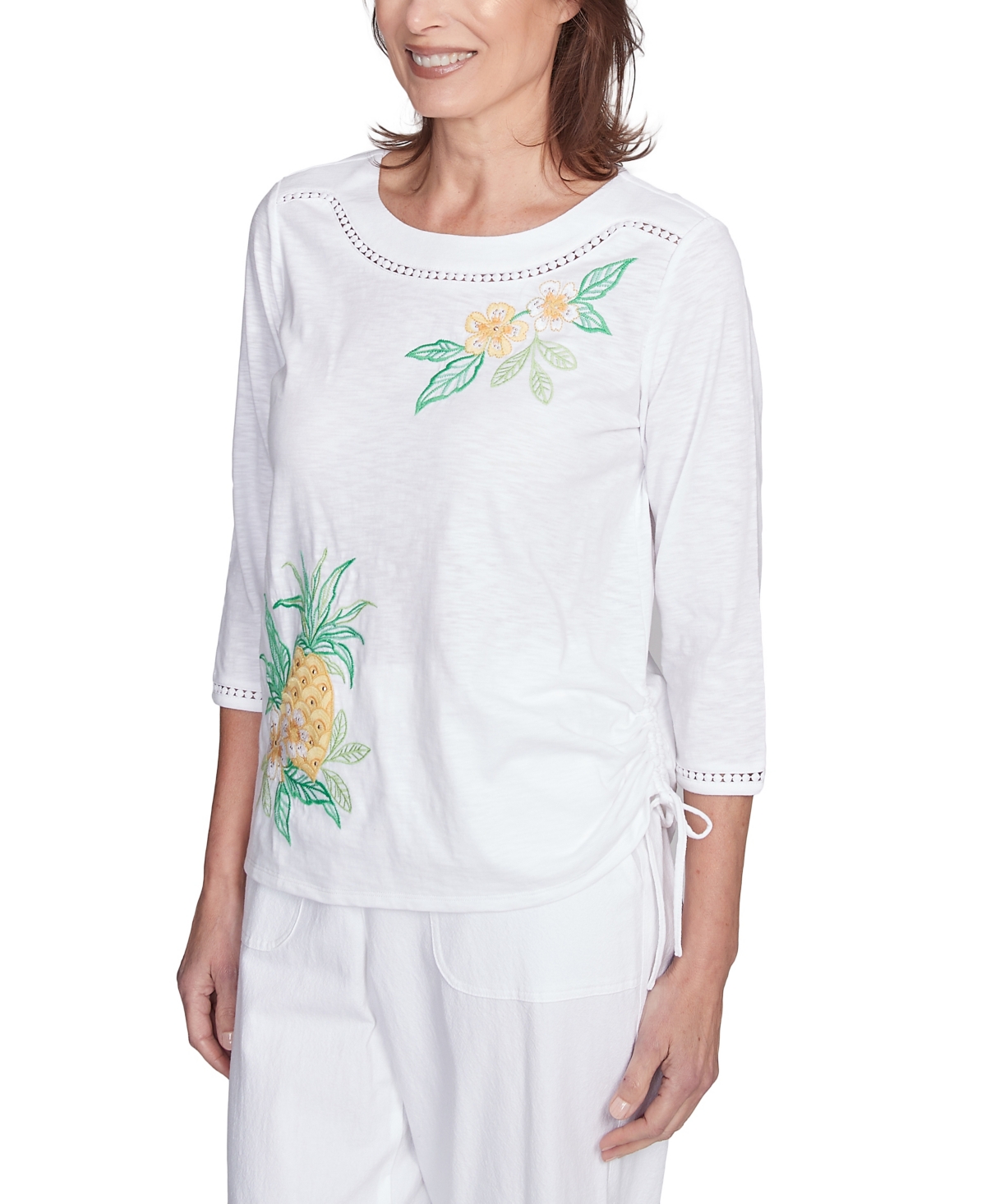 Alfred Dunner Petite Rise Shine Embroidered Pineapple Top In Multi White