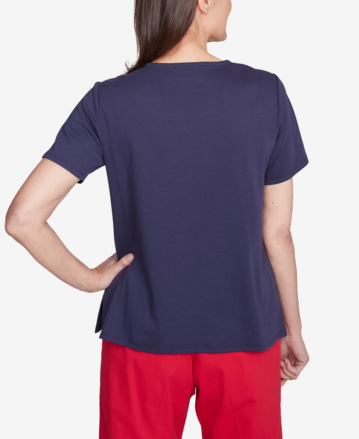 Alfred Dunner Plus Size Land Of The Free Butterfly Criss-cross Crew Neck Top In Navy