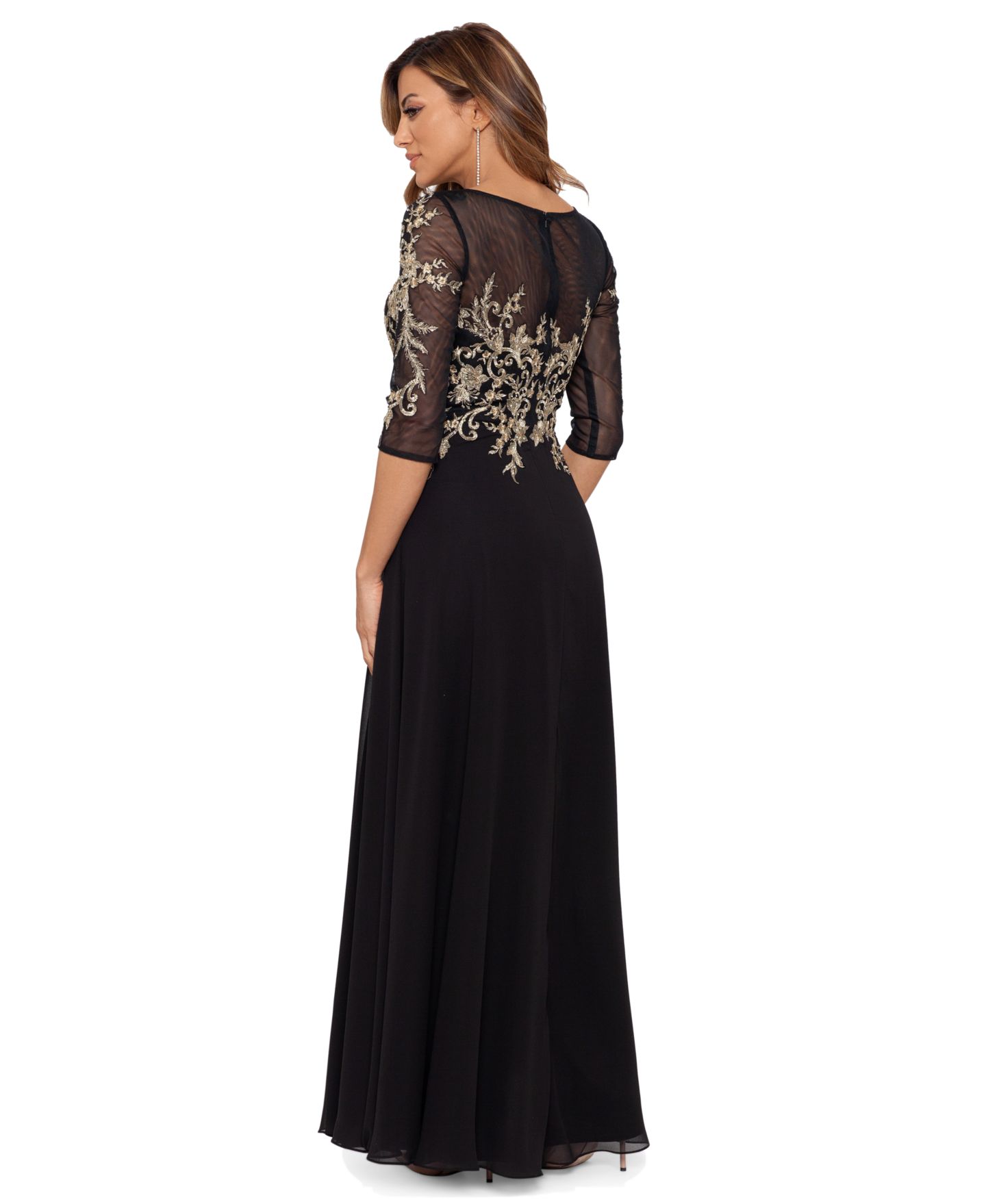 Женское платье Betsy & Adam Petite Embroidered 3/4-Sleeve Gown, цвет: Чёрный / Золотой — фото 2