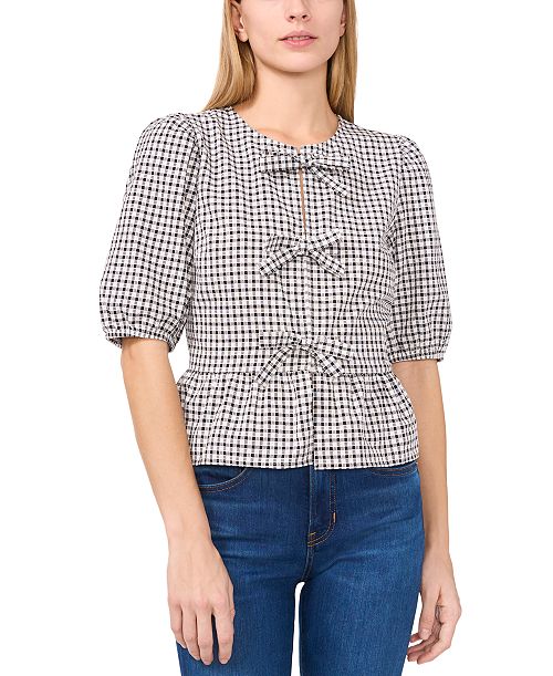 alfani CeCe Women's Gingham Bow-Front Peplum Top Women's Fashion Shoes & Accessories
