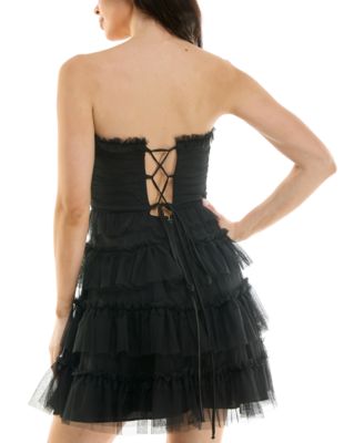 Juniors' Ruffled Tulle Strapless Fit & Flare Dress