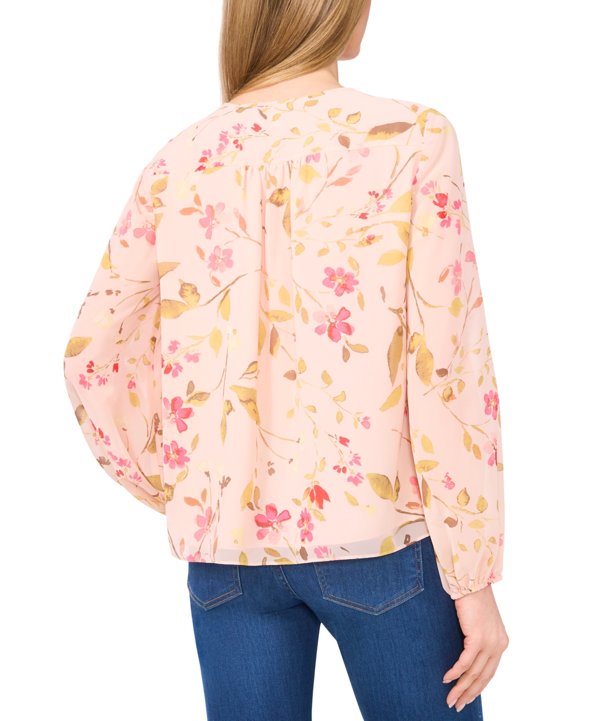 Cece Floral Print Tie Neck Top In Sugar Peach