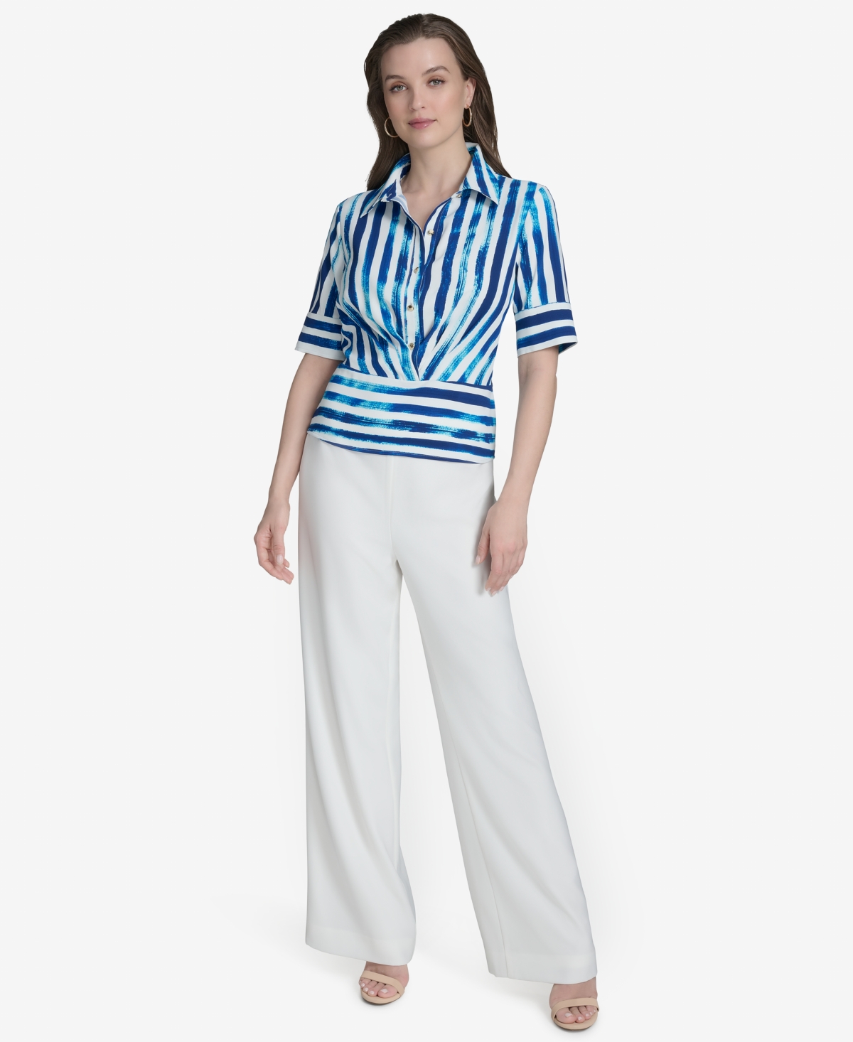 HALSTON WOMEN'S STRIPED COLLARED BUTTON-FRONT SHIRT 
