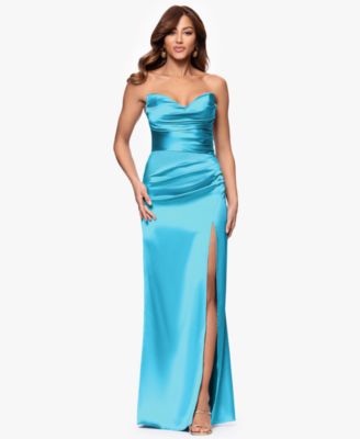 Blondie Nites - Juniors' Strapless Side-Slit Satin Dress