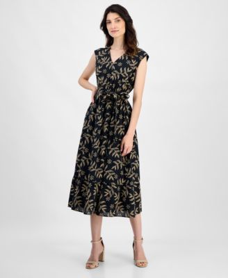 Kasper - Women's Printed Leaf-Print Cotton Midi Dress