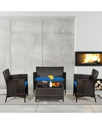 3 PCS Patio Acacia Wood Conversation Set Bistro Furniture Set w/ Chairs & Cushions