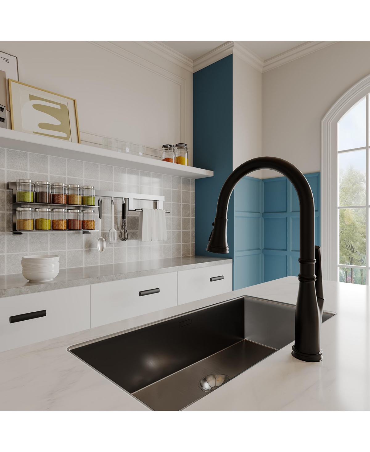 Modern Double Handle 3-Holes Deck Mount Bridge Kitchen Faucet with 2-Sprayer Patterns and 360 Swivel Spout in