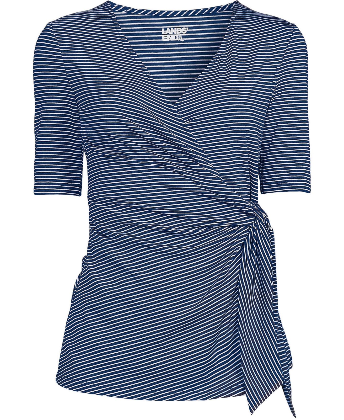 Женская блузка Lands' End Elbow Sleeve Lightweight Jersey Side Tie, цвет: Морской тёмно-синий полосатый — фото 4