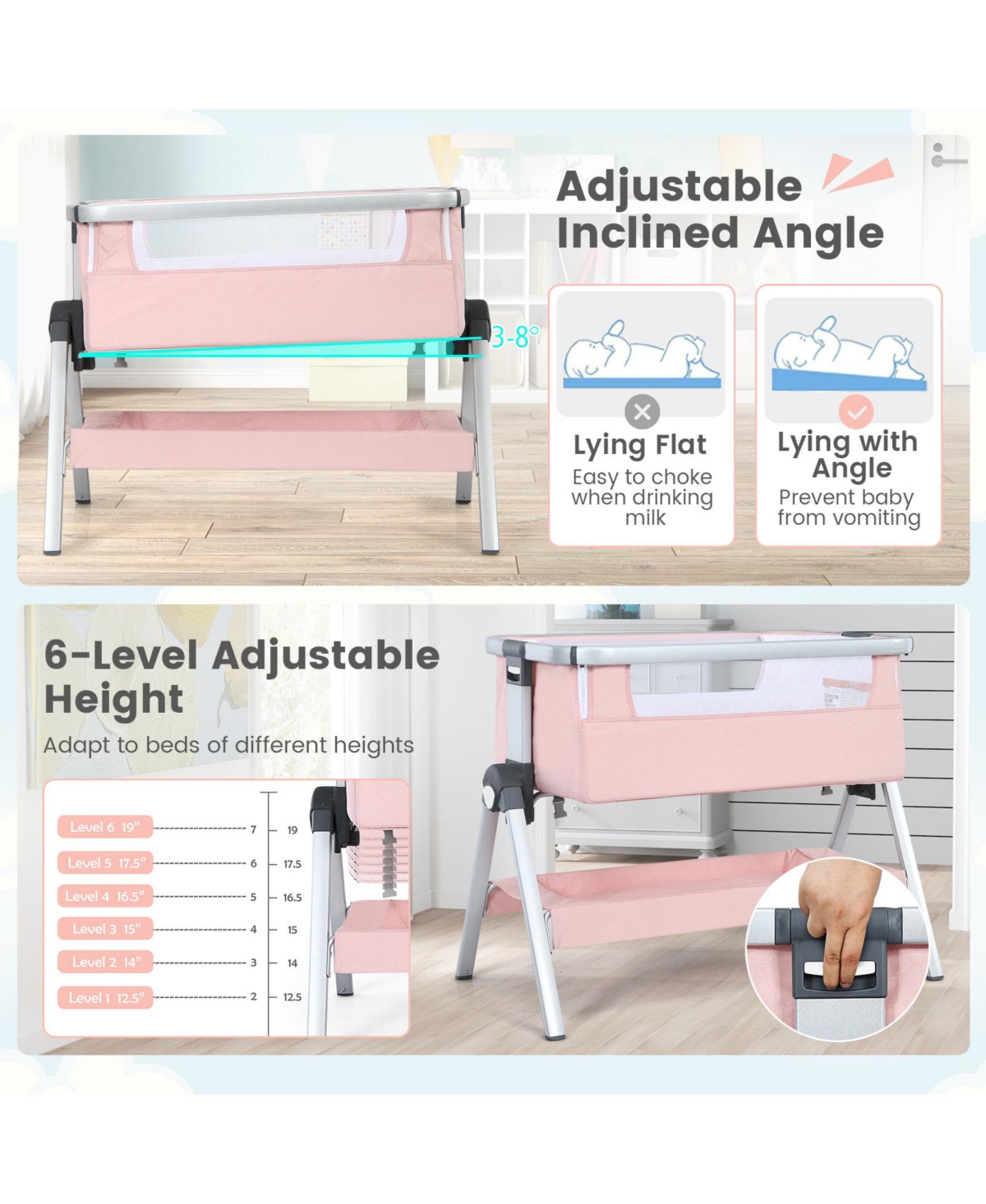 Baby Bassinet Bedside Sleeper with Storage Basket and Wheel for Newborn