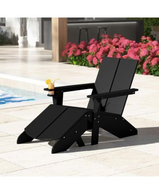 Outdoor HDPE Modern Adirondack Chair with Folding Patio Ottoman and Cup Holder