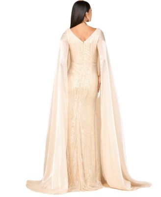 Women's Beaded Gown with Satin Cape Sleeves