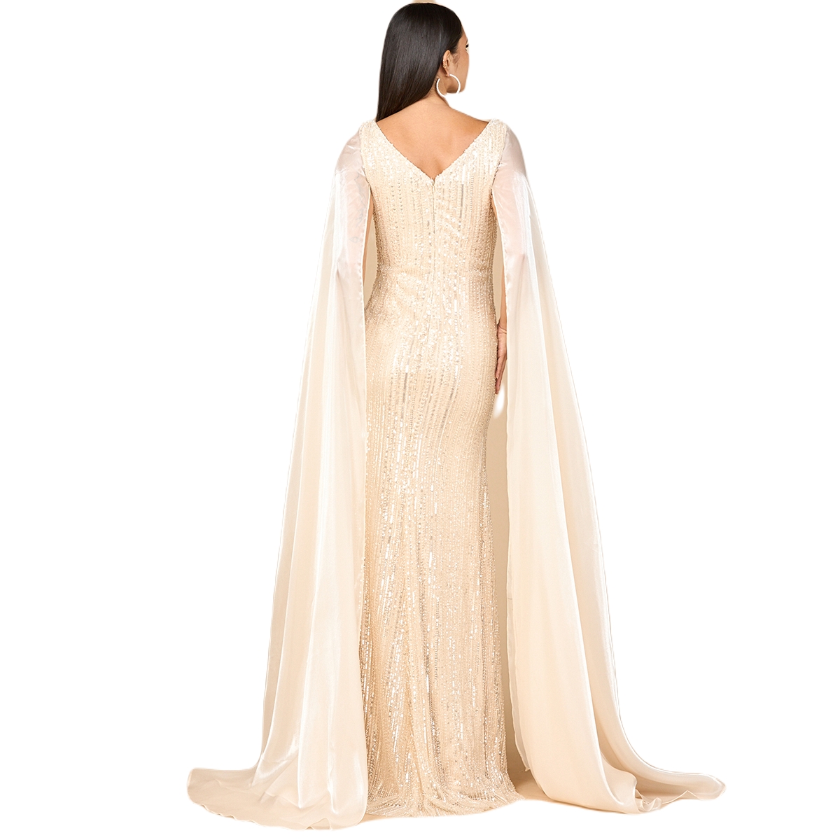 Lara Women's Beaded Gown with Satin Cape Sleeves
