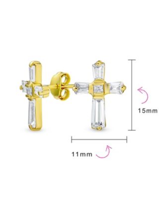 Accent CZ Baguette Cross Stud Earrings in Yellow 14K Gold Sterling Silver
