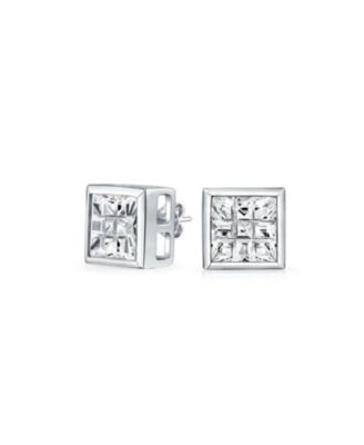 Geometric Round Square Cz Cubic Zirconia Bezel Set Checkboard Invisible Cut Stud Earrings .925 Sterling Silver