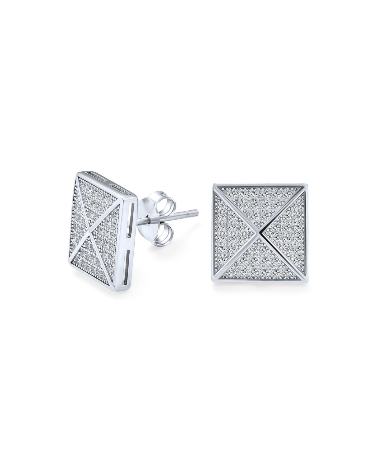Geometric Square Cubic Zirconia Pave Cz Pyramid Stud Earrings .925 Sterling Silver - Silver