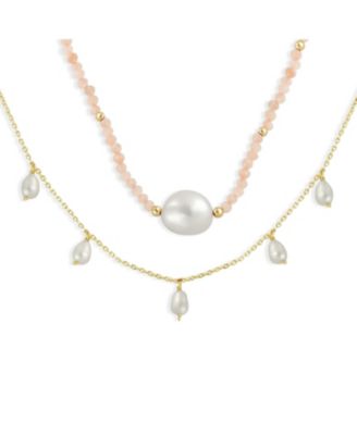 Thin Multi Strand Pink Freshwater Cultured White Baroque Pearl Strands Necklace Yellow Gold Plated Chain 14 Inch Adjustable