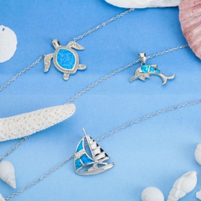 Created Blue Opal Inlay Nautical Ocean Marine Hawaiian Vacation Sea Life Dolphin Dangling Pendant Necklace .925 Sterling Silver