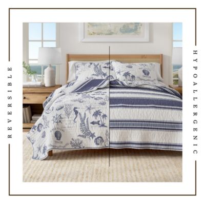 Cotton Stitched Reversible Coastal Quilt and Sham Set