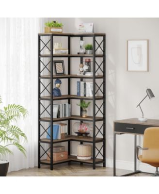 7 Shelf Corner Bookcase, Industrial Large Corner Bookshelf with Metal Frame