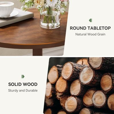 Solid Wood Side Table for Living Room, Small Round End Table with 2-Tier Storage