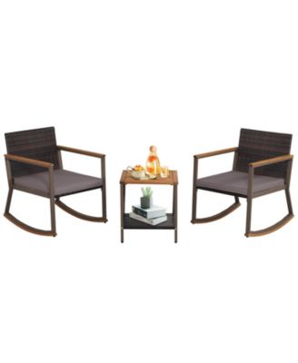3 Pieces Rattan Rocking Bistro Set with Table and Cushions