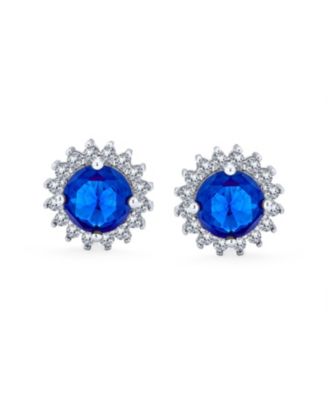 Oval Royal CZ Stud Earrings Simulated Sapphire Halo Sterling