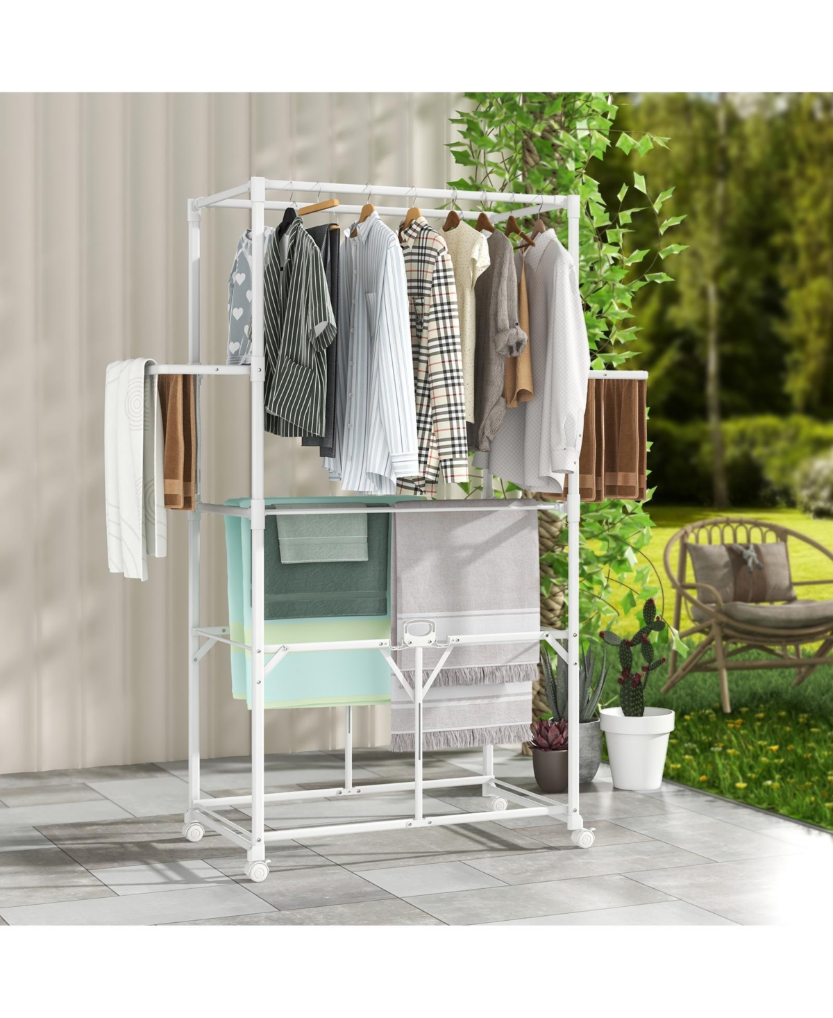 Foldable Clothes Drying Rack, 68.5" Aluminum Laundry Rack with Hanging Rods & Drying Shelves