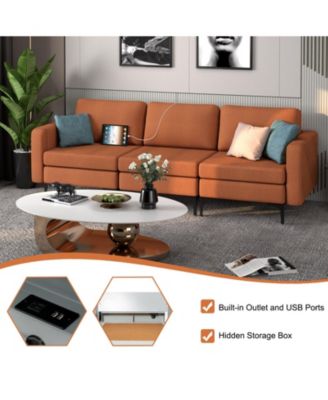Convertible Leather Sofa Couch with Magazine Pockets 3-Seat with 2 USB Port