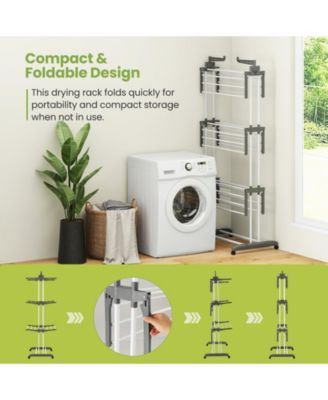 Foldable Clothes Drying Rack, Oversized 4-Tier Collapsible Laundry Rack w/ 3 Retractable Trays, Hanger Holders