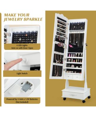 Rolling Floor Standing Mirrored Jewelry Armoire with Lock and Drawers