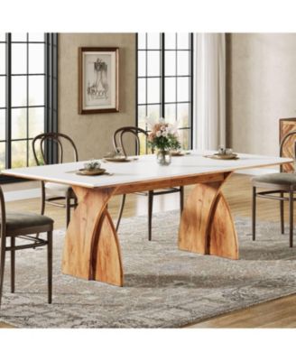 Large Dining Table for 6-8 People, Farmhouse Kitchen Table with Wood Legs, Rectangular Modern White Dinner Table for Dining Room, Living Room, Easy to Assemble