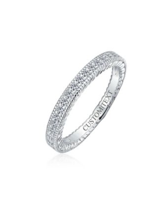 Pave CZ Cubic Zirconia Thin  Band Ring Etched Milgrain .925 Sterling Silver