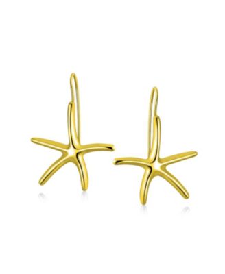 Nautical Tropical Beach Large Starfish Dangle Drop Threader Earrings Fish Hook Wire Gold Plated