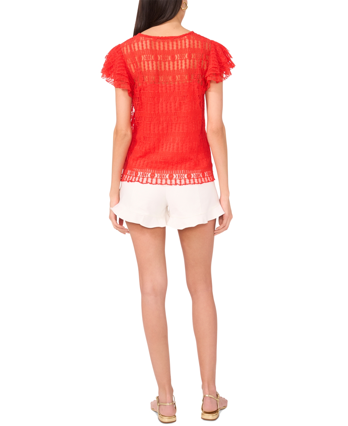 Vince Camuto Ruffle Sleeve Textured Mesh Top In Cayenne