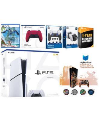 Playstation 5 Slim Disc with Horizon Forbidden West, Extra Chroma Pearl Controller, FPS Grip Kit, Charge Dock and MightySkins Decal Voucher + 1 Y