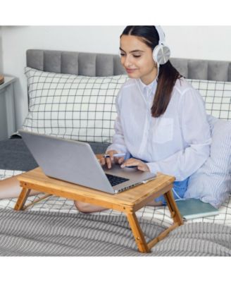 Bamboo Laptop Lap Tray with Adjustable Legs and Tilting Heat-dissipation Top