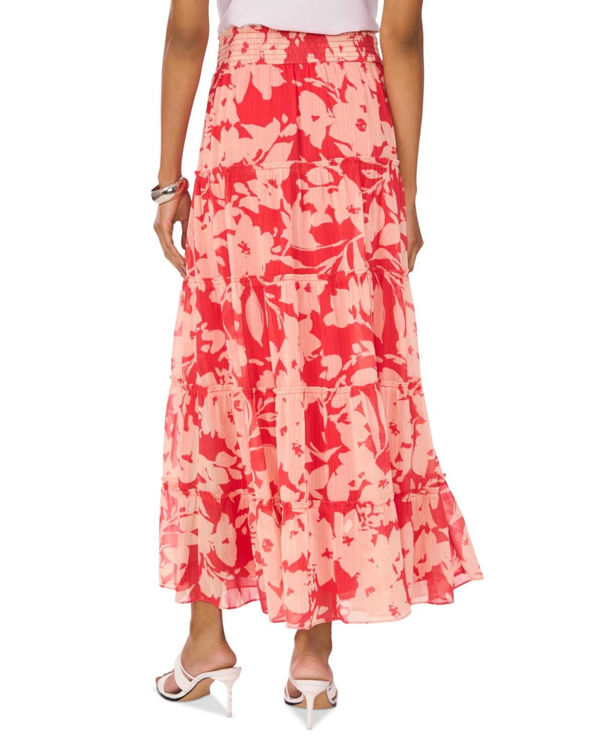 Vince Camuto Floral Tiered Smocked Waist Maxi Skirt In Cayenne