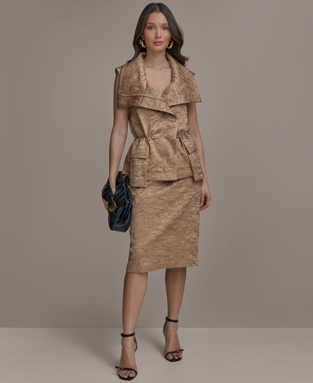 Donna Karan New York Textured Satin Zip Front Vest In Hazelnut