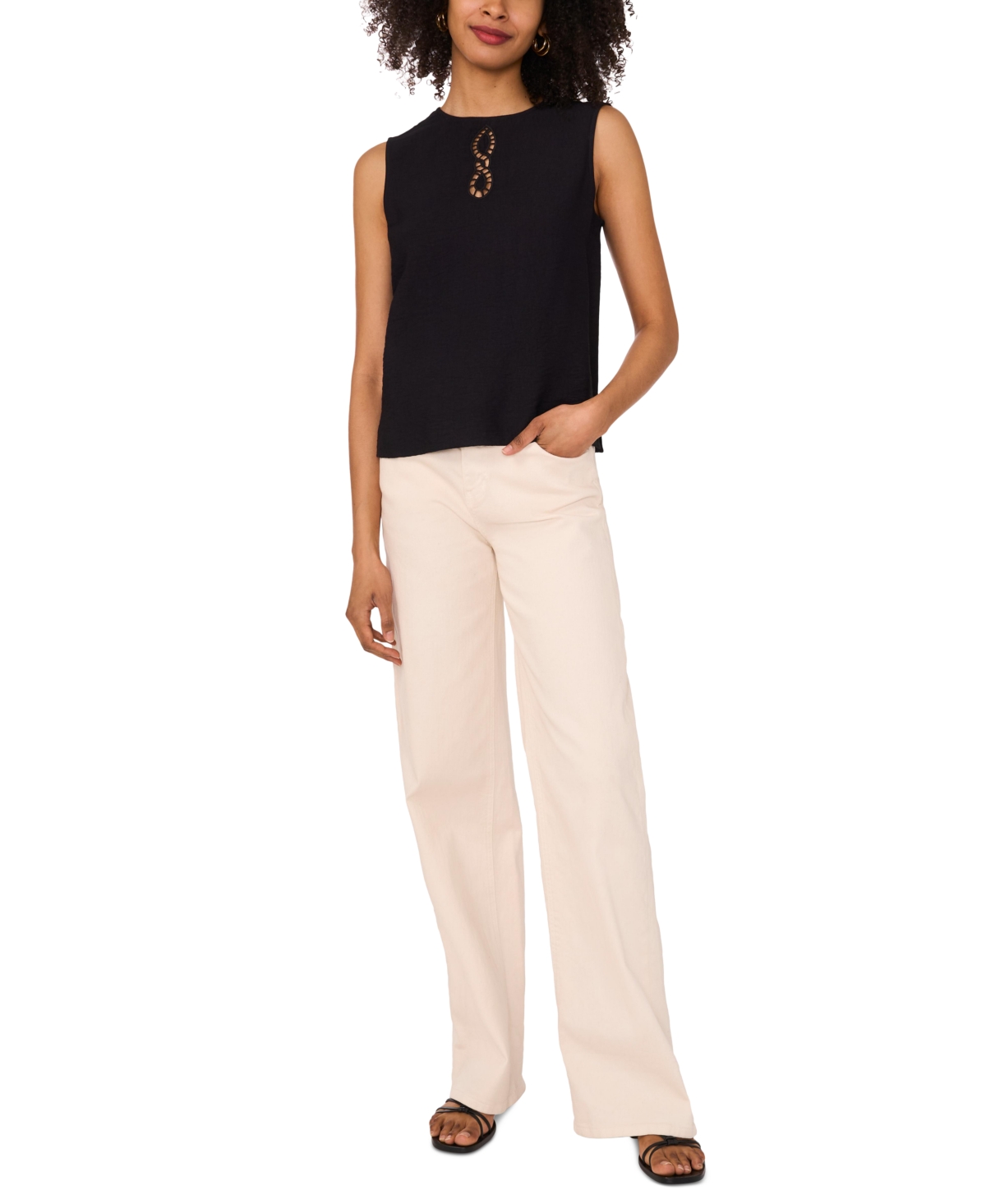 Shop Vince Camuto Women's Embroidered Sleeveless Top In Rich Black