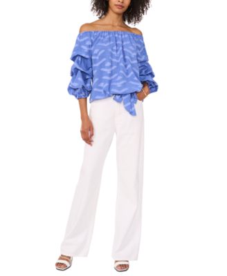 Women's Textured Off-The-Shoulder Bubble 3/4-Sleeve Tie-Front Blouse
