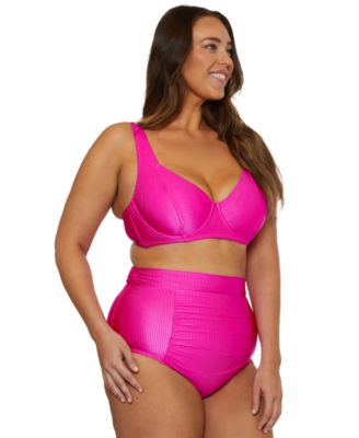 BECCA ETC PLUS SIZE MONTE CARLO RIB UNDERWIRE BIKINI TOP SHIRRED HIGH WAIST BIKINI BOTTOMS 