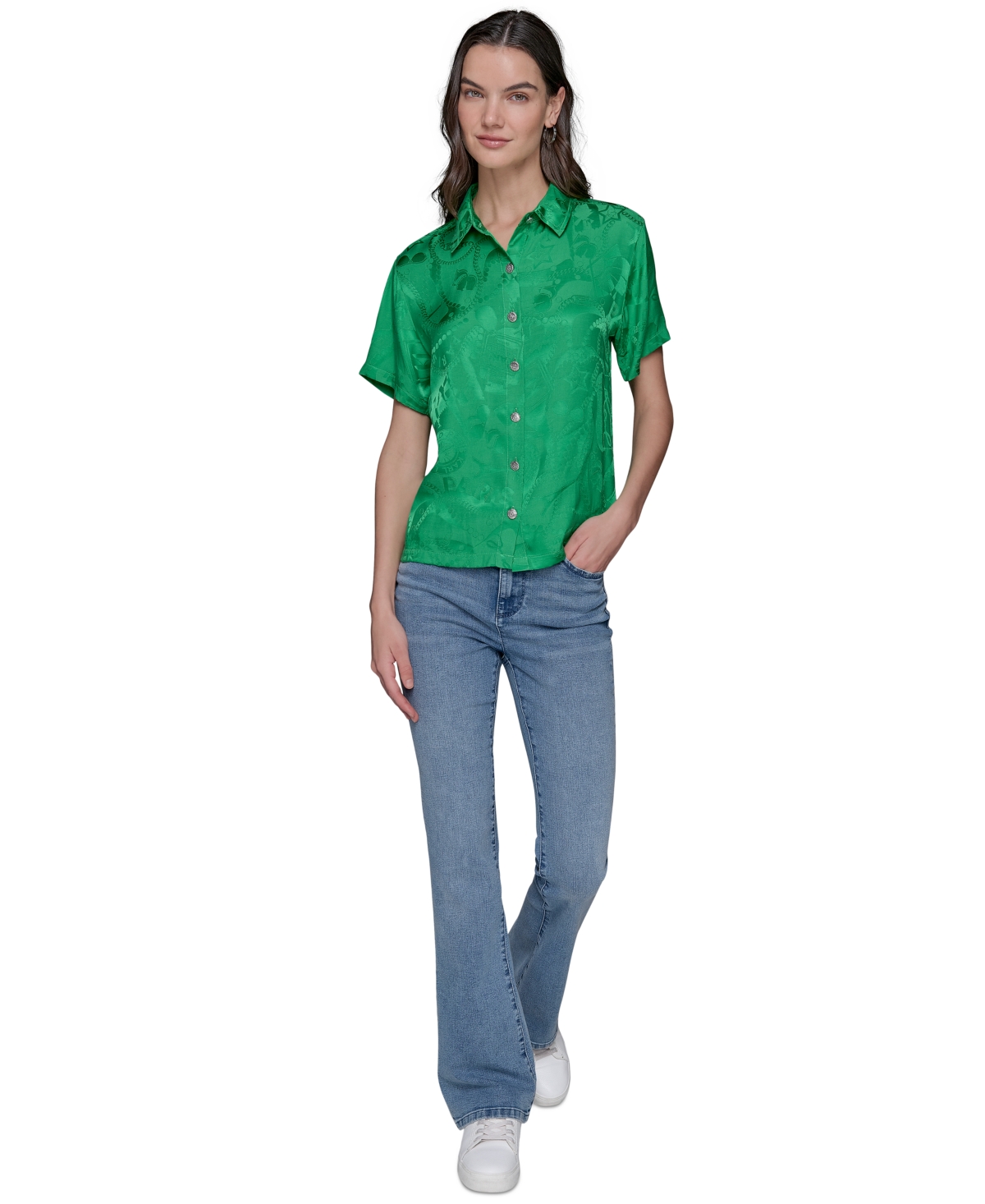 Shop Karl Lagerfeld Women's Short Sleeve Jacquard Button Front Top In Flore Green