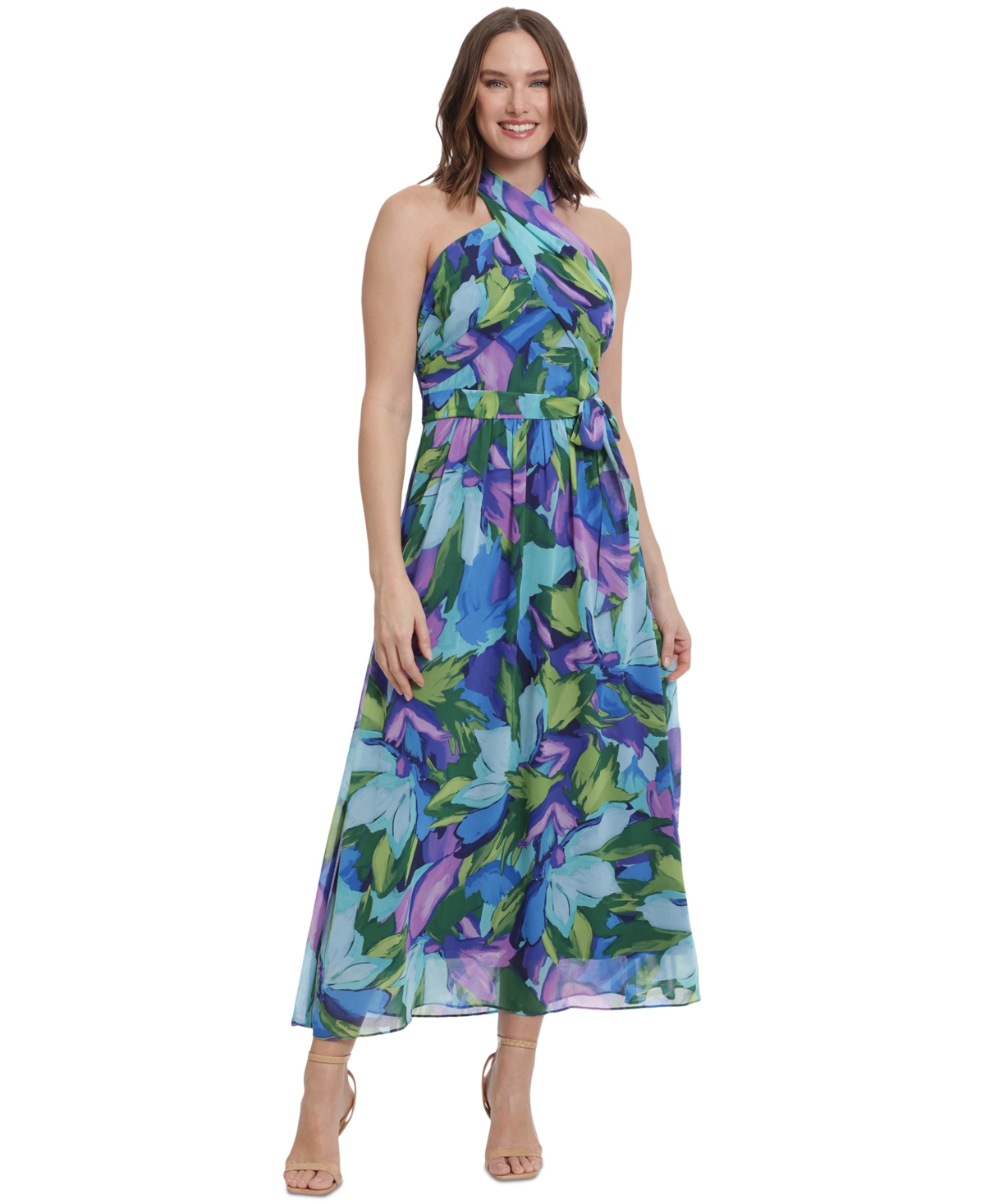 Petite Printed Wrap-Neck Maxi Dress - Aqua Royal